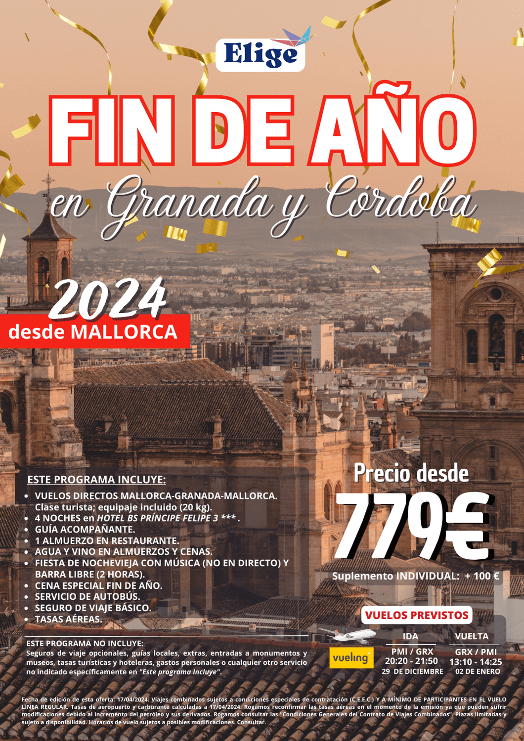 Especial Fin de Año 2024 en GRANADA y CÓRDOBA desde Mallorca, con vuelo directo, hotel 3 estrellas, excursiones, traslados, guía acompañante, bebidas en comidas, cena especial fin de año y tasas aéreas para Agencias de Viajes con Elige Tu Viaje.